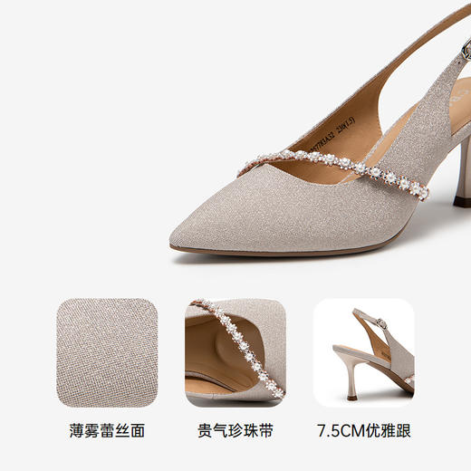 千百度珍珠带蕾丝面时装凉鞋女细高跟宴会包头凉鞋A25257783 商品图3