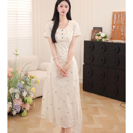 【65折秒杀】鹿向南「织梦蝶语」V领杏色法式连衣裙女夏季新款短袖收腰长裙子QJD00477 商品图2