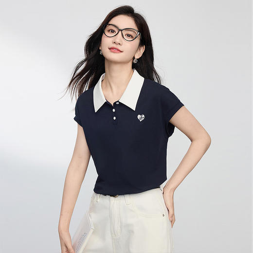 熙世界飞飞袖撞色翻领T恤女短袖2025夏日新款设计感爱心刺绣上衣 商品图4