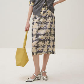 谜底半裙女2025秋季新品复古艺术印花细压褶百搭中长裙253MB1015