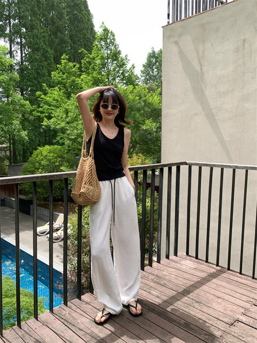 老钱风100进口苎麻高质撞色腰亚麻阔腿裤 商品图5