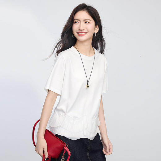 熙世界蕾丝花边拼接白色T恤女短袖夏季新款独特漂亮正肩圆领上衣 商品图3