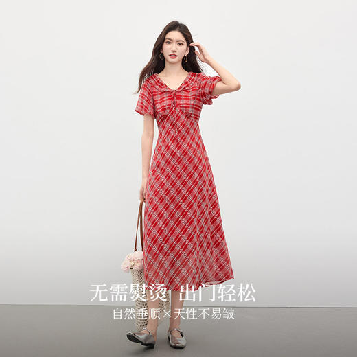 熙世界复古红色格纹连衣裙女高级感夏季气质灯笼袖海边度假长裙子 商品图2