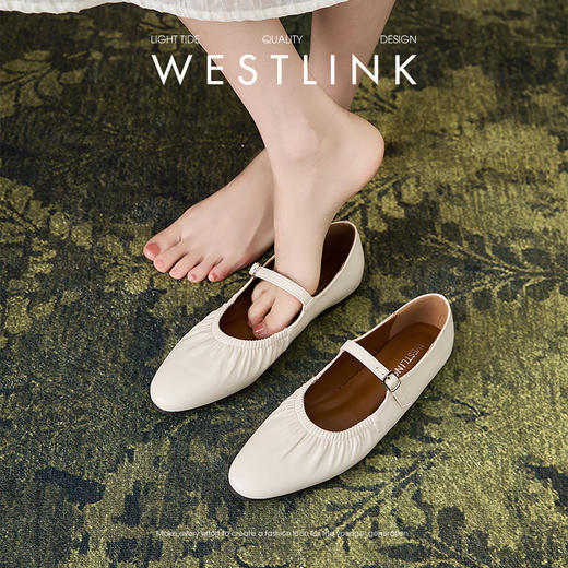 西遇法式单鞋女新款秋季褶皱圆头浅口软底平底鞋银色玛丽珍鞋V1456902 商品图2