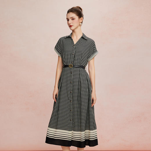 QF8D3斯尔丽25新款赫本风定位千鸟印花欧范收腰大摆搭配腰带时尚连衣裙 商品图2