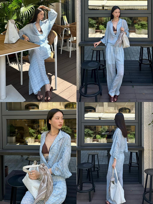 HIDEMI 度假系列色织海水蓝格纹清透感斜门襟设计压褶立领防晒款超薄外套衬衫套装 上衣/阔腿裤 商品图3
