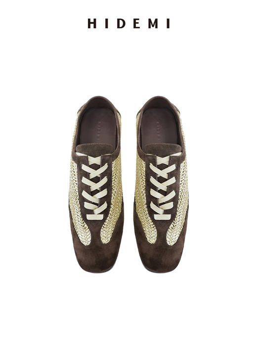 HIDEMI 进口巧克力色麂皮拼接编织复古德训绑带球鞋 商品图10