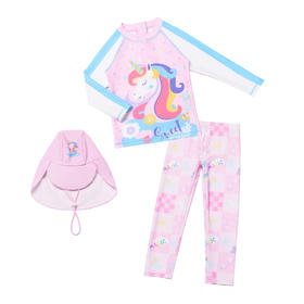 送帽子！【吸湿透气，防晒速干，桑软舒适】三件套一次配齐！儿童泳衣女孩 女童宝宝分体防晒长裤长袖 速干中大童可爱游泳衣泳装-QQ