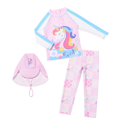 送帽子！【吸湿透气，防晒速干，桑软舒适】三件套一次配齐！儿童泳衣女孩 女童宝宝分体防晒长裤长袖 速干中大童可爱游泳衣泳装-QQ 商品图0