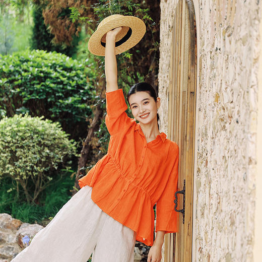 绽放女装370朵/【多巴胺系列·橘子汽水】亚麻开衩抽绳设计感衬衫 商品图0