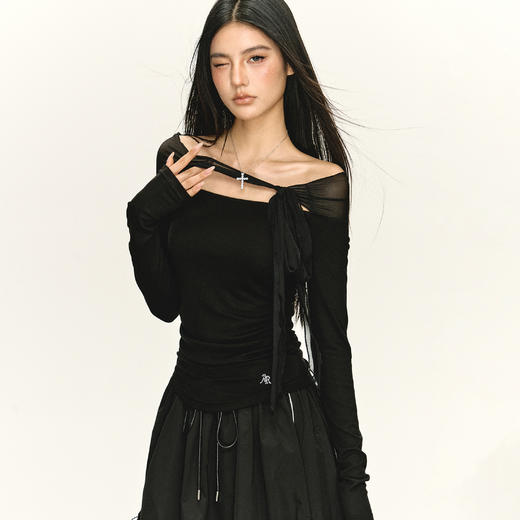 Ariseism 美式复古设计感双色网纱绑带一字肩长袖t恤女秋修身上衣 商品图3