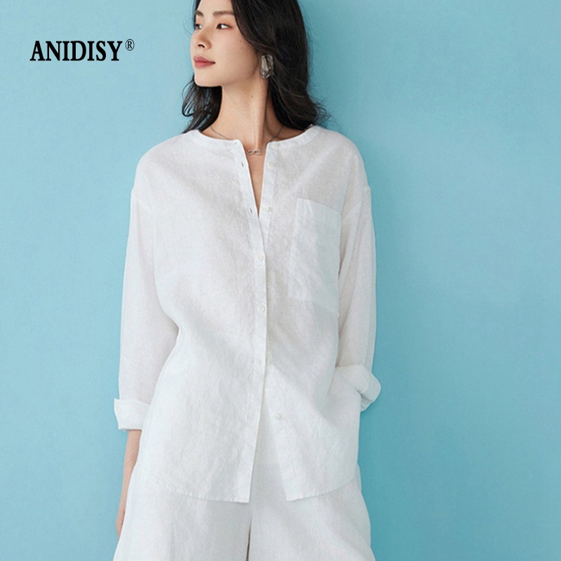 初秋新品时尚简约圆领长袖单排扣宽松亚麻衬衫