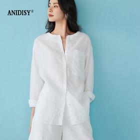 初秋新品时尚简约圆领长袖单排扣宽松亚麻衬衫