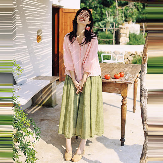 绽放女装376朵/【多巴胺系列】苎麻炒色局部抽褶松紧腰半身中长裙 商品图1