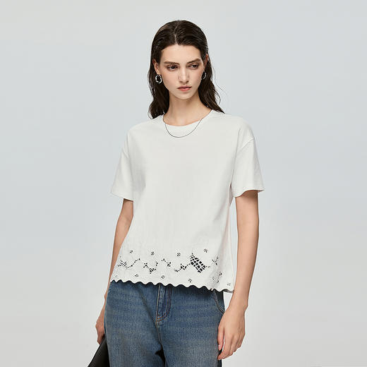363601040-初棉清新文艺夏日重工镂空绣花T恤上衣 商品图0