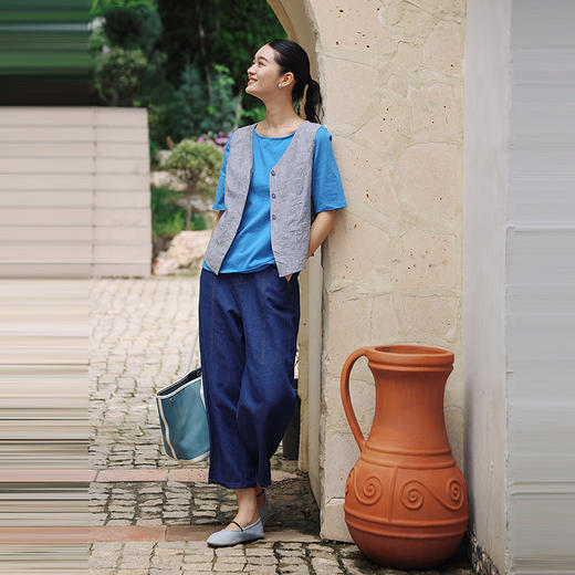 绽放397朵/多巴胺系列汉麻棉半腰松紧分割线设计撞色绗线牛仔裤女 商品图1