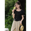 鹿向南漂亮独特气质荷叶边黑色T恤设计感收腰短袖法式上衣女夏季 商品缩略图3