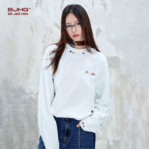 BJHG不计后果国潮彩绣纯棉长袖白色t恤男款春秋休闲内搭情侣装T恤 商品图3
