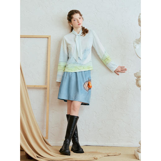 两三事星河行川2025夏季新款趣味手工钩花挂件装饰印花a字半身裙 商品图1