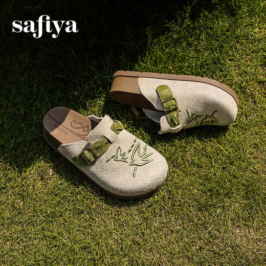 预售~Safiya/索菲娅2025小众复古刺绣飞鸟百搭拼色厚底懒人包头勃肯拖SFD3110150 商品图3