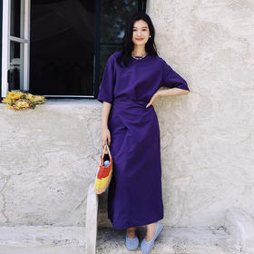 绽放398朵/【多巴胺系列】酵素洗汉麻棉短袖系带收腰设计感连衣裙