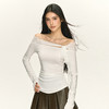 Ariseism 美式复古设计感双色网纱绑带一字肩长袖t恤女秋修身上衣 商品缩略图1