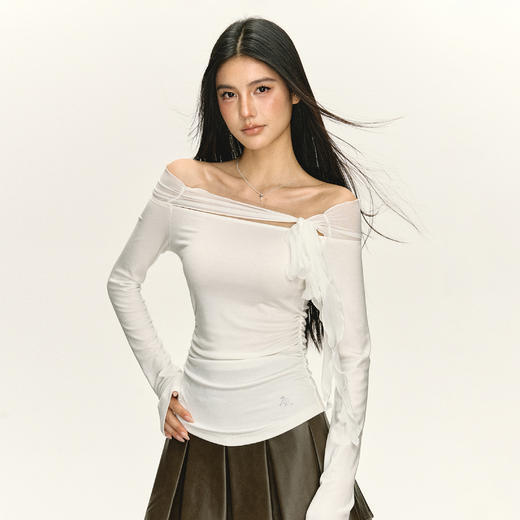 Ariseism 美式复古设计感双色网纱绑带一字肩长袖t恤女秋修身上衣 商品图1