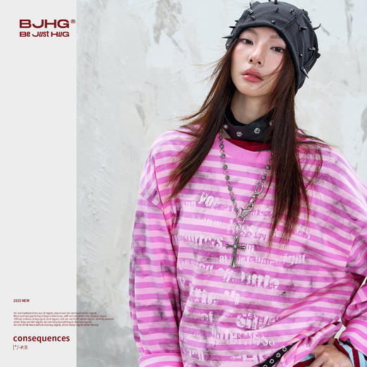 BJHG不计后果做旧条纹长袖t恤男款秋季2025新款美式复古高级感T恤 商品图2