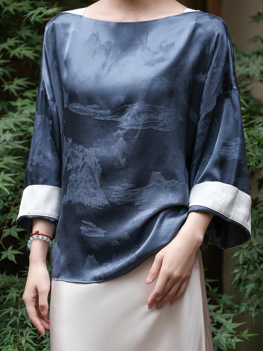 限量款 |STJINGx凯喜雅x故宫 |千里江山流光一字领插肩撞色上衣(不退不换) 商品图5