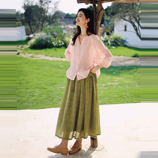 绽放女装376朵/【多巴胺系列】苎麻炒色局部抽褶松紧腰半身中长裙 商品图3