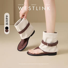 西遇平底凉靴女新款夏季复古辣妹皮带扣黑色中筒靴子夹趾凉鞋V0056890