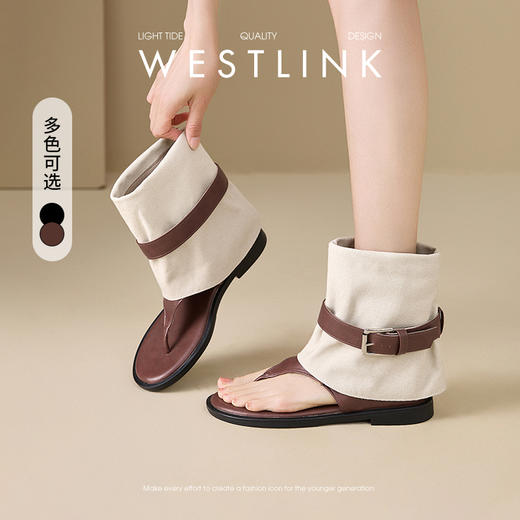 西遇平底凉靴女新款夏季复古辣妹皮带扣黑色中筒靴子夹趾凉鞋V0056890 商品图0