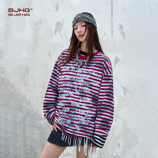 BJHG不计后果做旧条纹长袖t恤男款秋季2025新款美式复古高级感T恤 商品图1