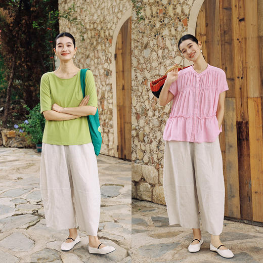 绽放368朵/【多巴胺系列·遛弯裤】高支砂洗薄款亚麻松紧腰九分裤 商品图2