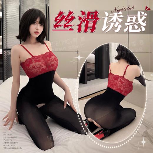 霏慕蕾丝裹胸透视开档油亮连身袜套装 商品图0