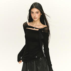 Ariseism 美式复古设计感双色网纱绑带一字肩长袖t恤女秋修身上衣