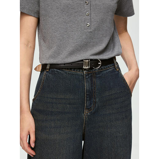 棉仓363661005-初棉新款高级感真皮银色金属环扣牛仔裤皮带 商品图1