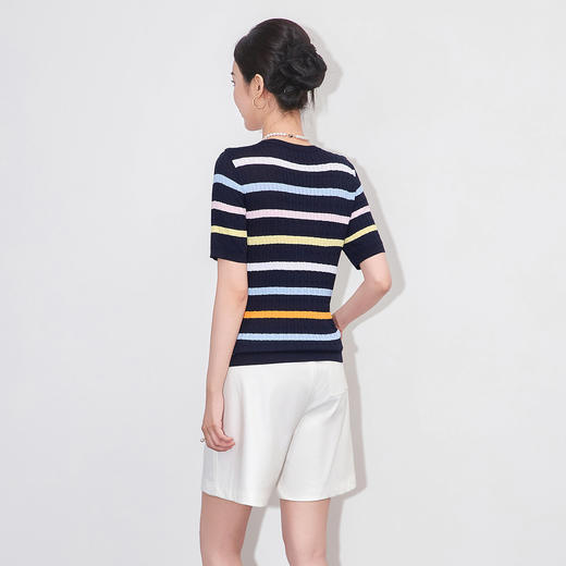 「高货wl」全新升级【铂金会员220/天猫299/差价79】(04100)洛诗琳彩虹条针织T恤2025夏季立体绞花定染修身短袖上衣 商品图2