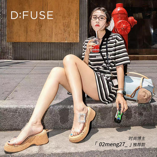 Dfuse迪芙斯2025夏季新款木纹拖鞋耀眼钻扣仙女风坡跟凉拖DFD2110001 商品图0