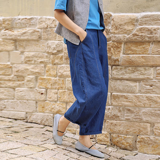 绽放397朵/多巴胺系列汉麻棉半腰松紧分割线设计撞色绗线牛仔裤女 商品图0