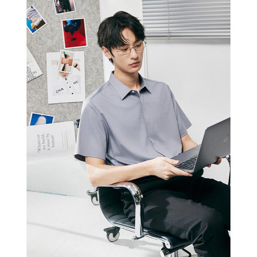 棉仓363804005-正肩桑蚕丝竹纤维暗门襟翻领短袖衬衫 商品图1