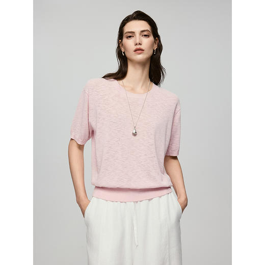 棉仓363601076-初棉棉麻竹节纱-透气凉感圆领针织短袖上衣 商品图0