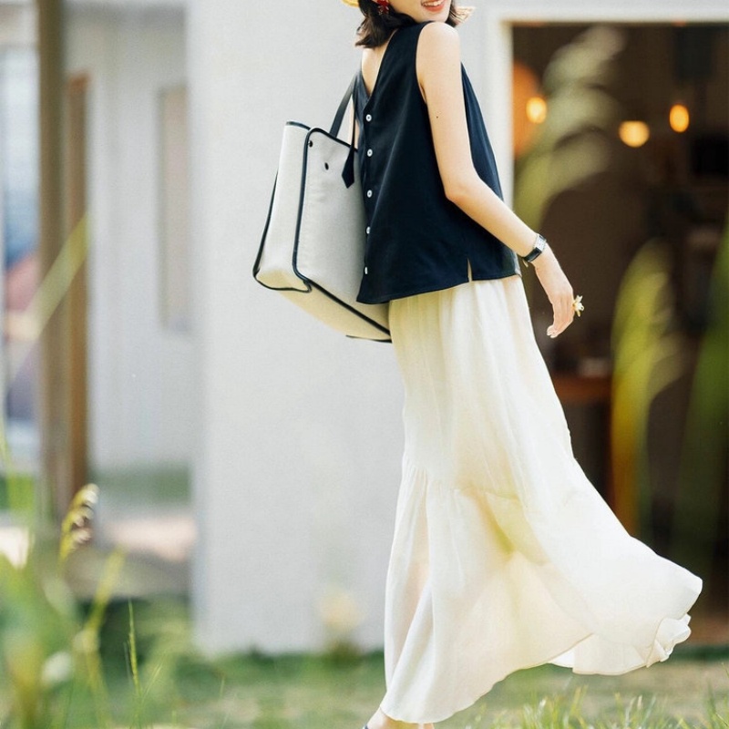 【LONGNVFAIR重磅天丝亚麻花瓣裙+马甲套装】棉麻天丝套装 黑色无袖上衣 减龄温柔风