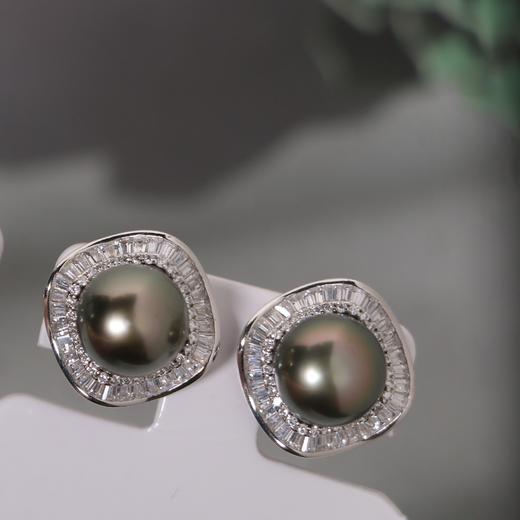 【甄珠贝】孔雀绿ji光大溪地珍珠耳钉 10-11mm 面无暇 925纯银配件 商品图1