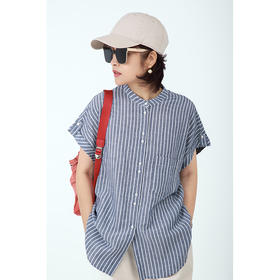 立领条纹短袖衬衫