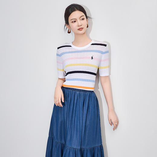 「高货wl」全新升级【铂金会员220/天猫299/差价79】(04100)洛诗琳彩虹条针织T恤2025夏季立体绞花定染修身短袖上衣 商品图0