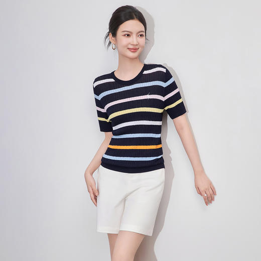 「高货wl」全新升级【铂金会员220/天猫299/差价79】(04100)洛诗琳彩虹条针织T恤2025夏季立体绞花定染修身短袖上衣 商品图1