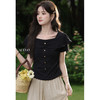 鹿向南漂亮独特气质荷叶边黑色T恤设计感收腰短袖法式上衣女夏季 商品缩略图0