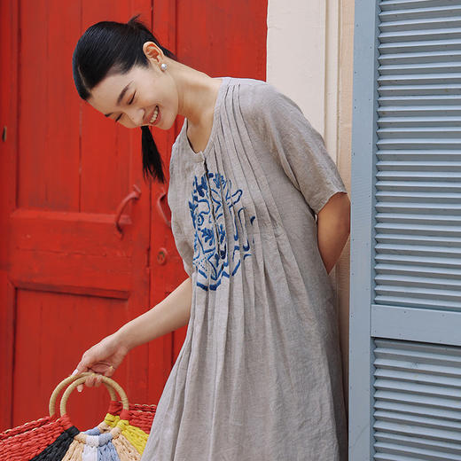 绽放女装378朵/【多巴胺系列】色织亚麻塔克蓝印花短袖连衣裙女夏 商品图1