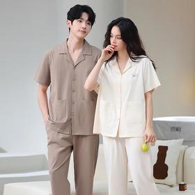 2025夏季纯棉拉架情侣睡衣男女开衫短袖长裤可外穿薄款凉感家居服套装